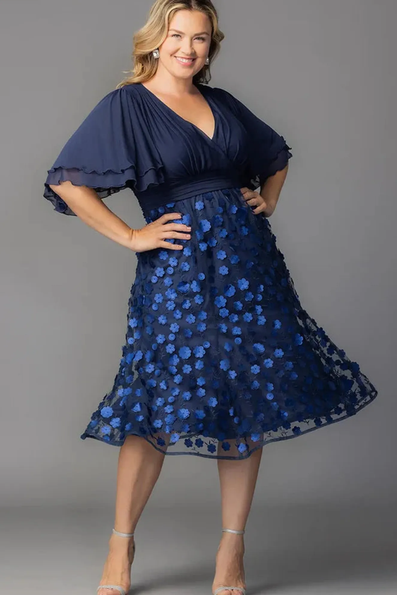 Pretty Petals Mesh Cocktail Dress - Navy Blossoms - Plus