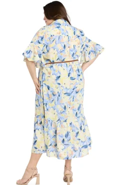 Printed Midi Shirt Dress with Bell Sleeve and Belt - Plus