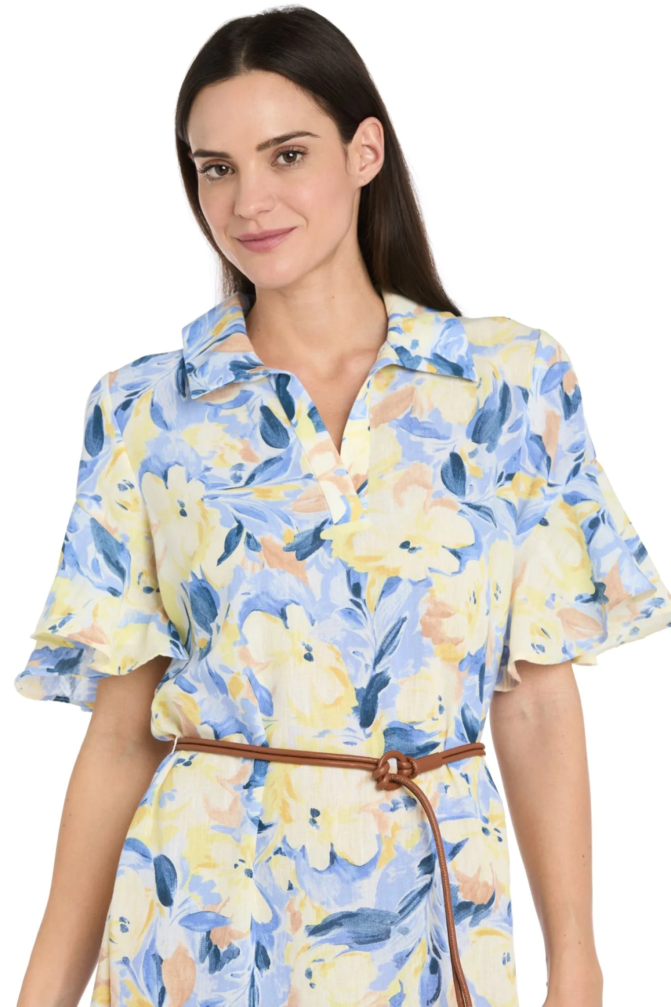 Printed Midi Shirt Dress with Bell Sleeve and Belt - Petite
