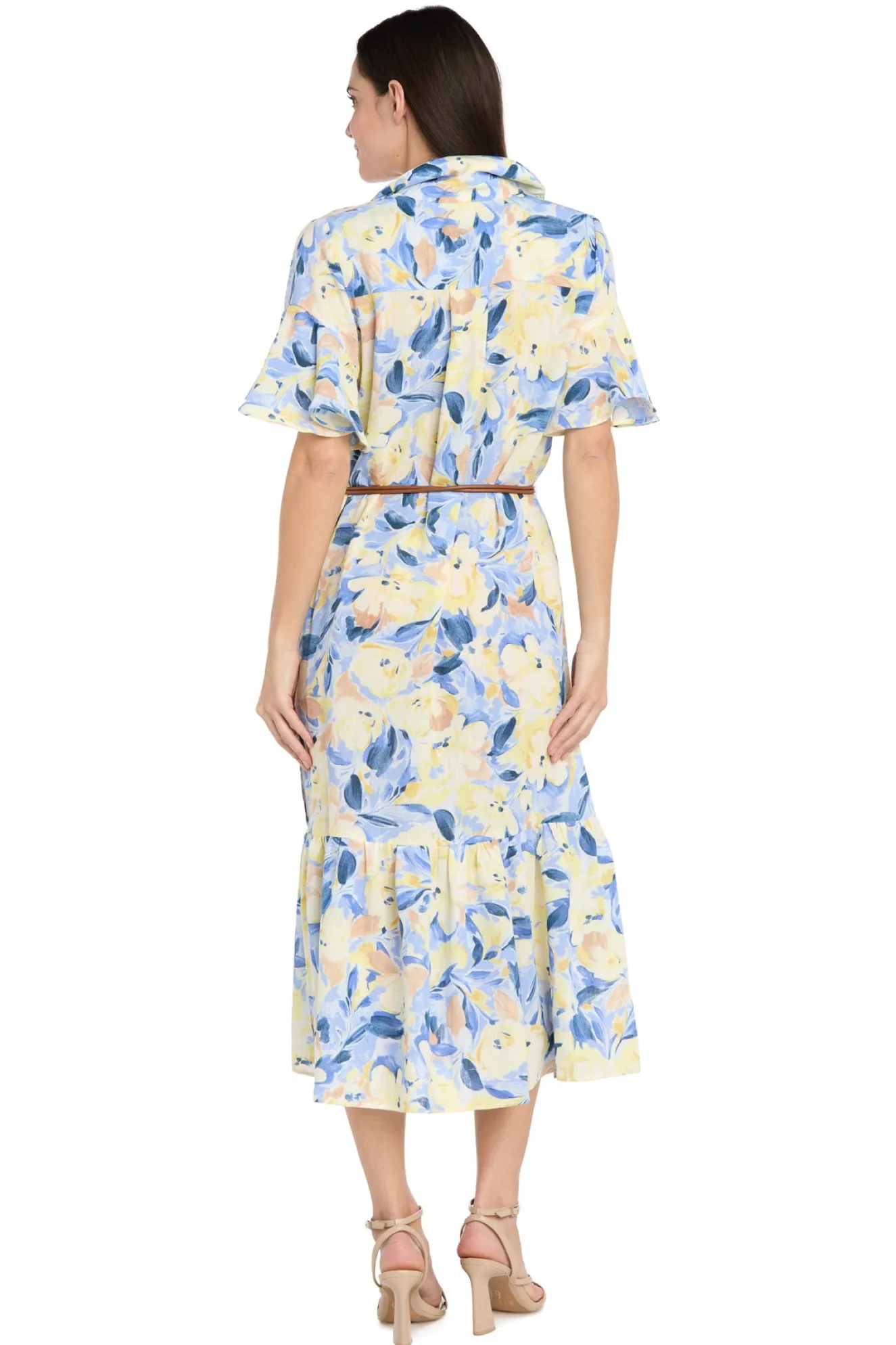 Printed Midi Shirt Dress with Bell Sleeve and Belt - Petite