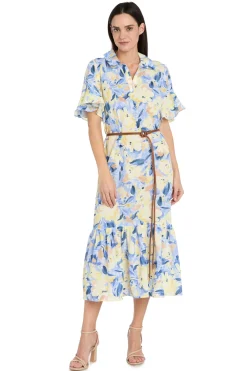 Printed Midi Shirt Dress with Bell Sleeve and Belt - Petite