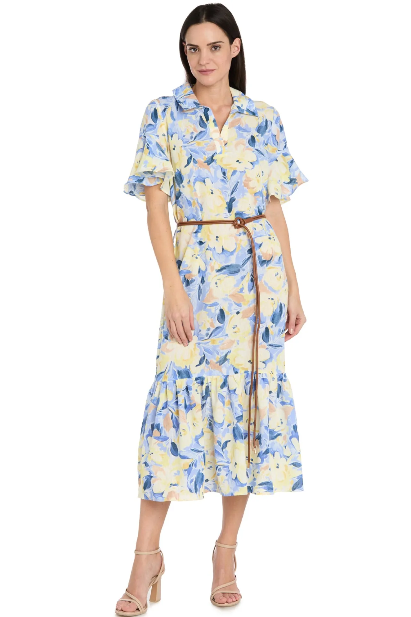 Printed Midi Shirt Dress with Bell Sleeve and Belt - Petite