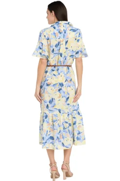 Printed Midi Shirt Dress with Bell Sleeve and Belt