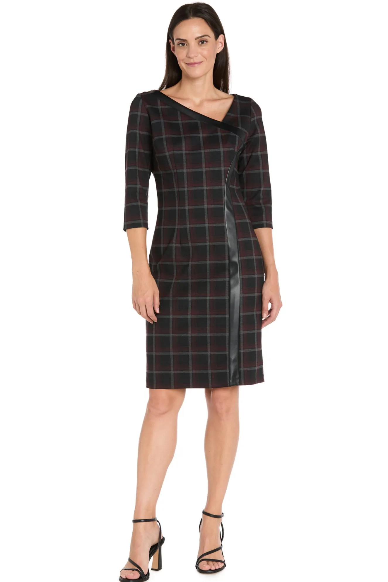 Printed Plaid Ponte Shift with Faux Leather Trim - Petite