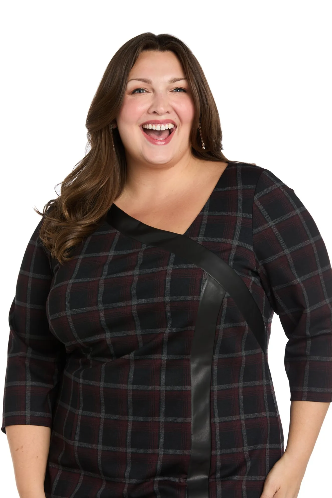 Printed Plaid Ponte Shift with Faux Leather Trim- Plus