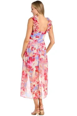 Printed Surplice Dress with Hi-Low Hem, Coral/Multi
