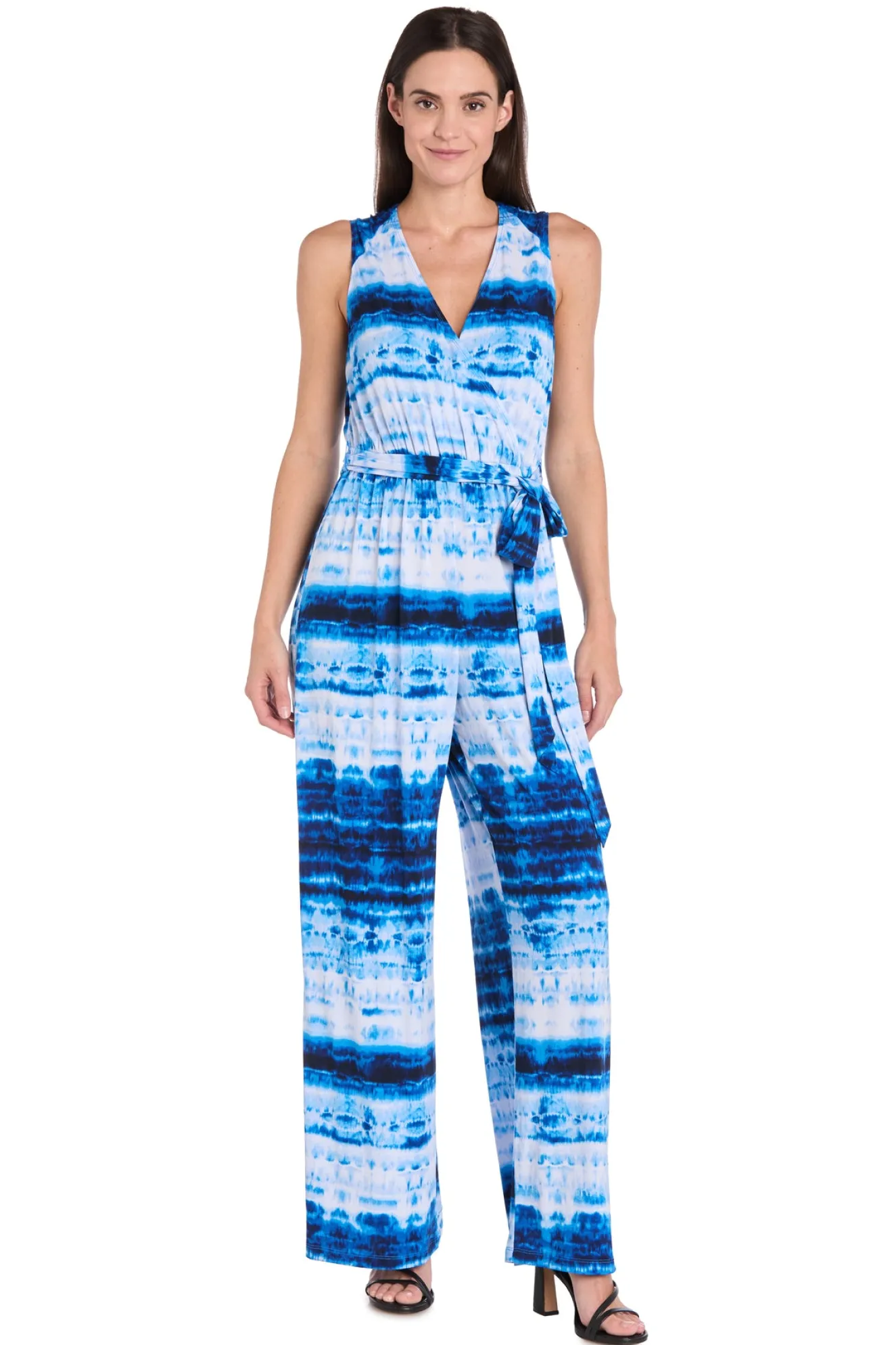 Printed Surplice Jumpsuit with Self Belt, Blue