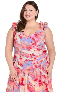 Printed Surplice with Hi Lo Hem- Coral Multi - Plus