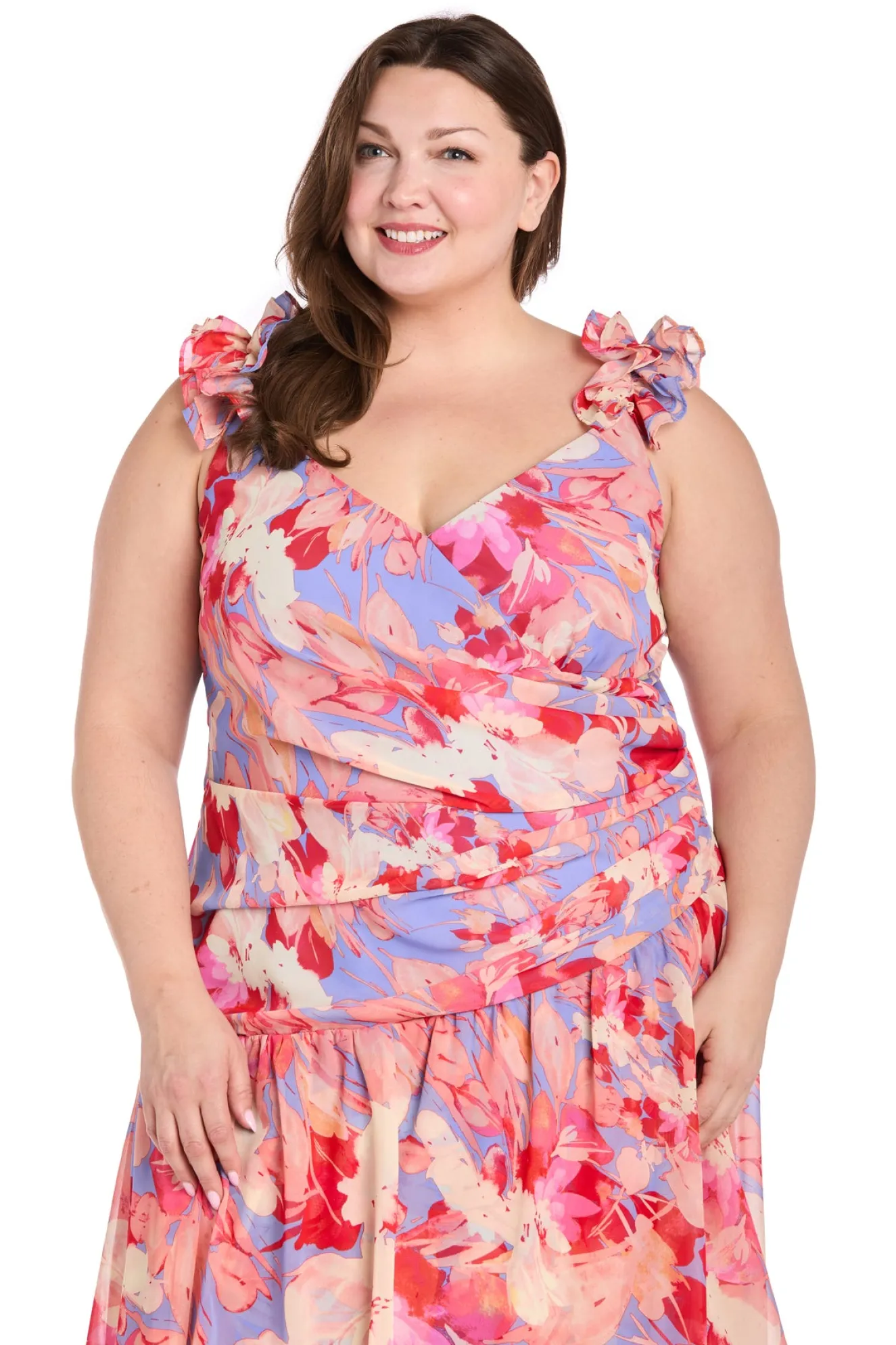 Printed Surplice with Hi Lo Hem- Coral Multi - Plus