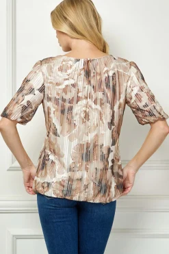 Puff Sleeve Pleat Neck Bubble Blouse in Tan/Brown/Ivory