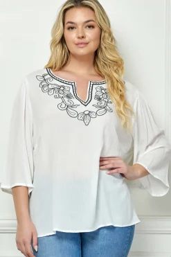 Roz and Ali 3/4 Flare Sleeve Embroidered Yoke Tunic in White - Plus