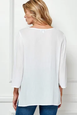 Roz and Ali 3/4 Flare Sleeve Embroidered Yoke Tunic in White