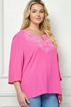 Roz and Ali 3/4 Flare Sleeve Embroidered Yoke Tunic in Pink - Plus