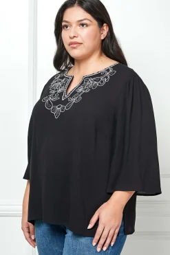 Roz and Ali 3/4 Flare Sleeve Embroidered Yoke Tunic in Black - Plus