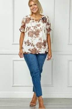 Ruched Sleeve Cutout Neck Bubble Blouse in Ivory/Brown/Tan - Plus