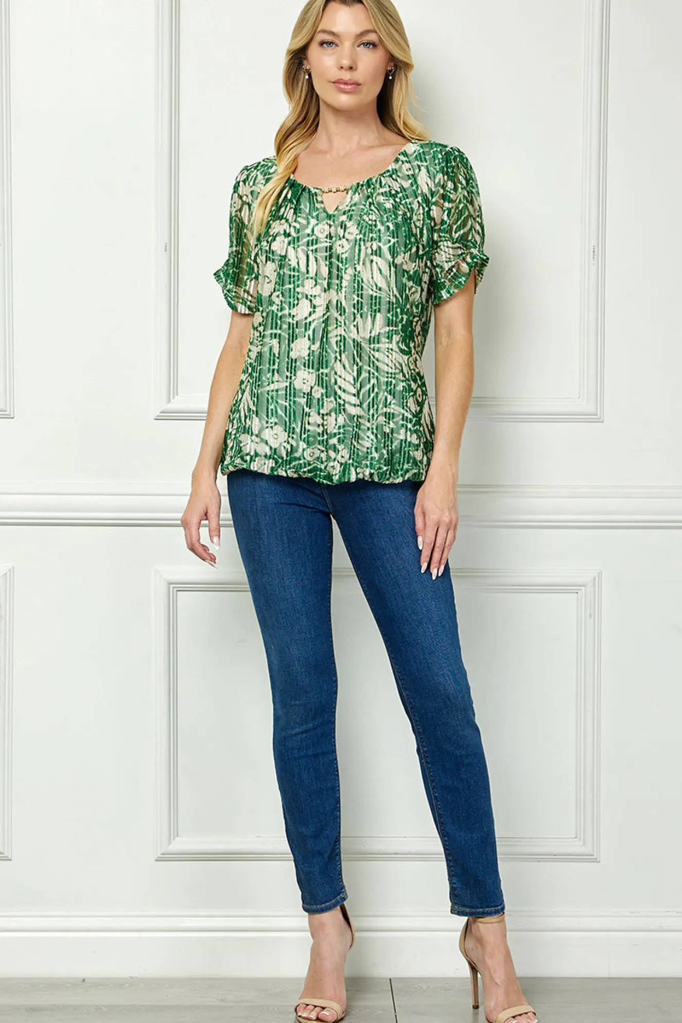 Ruched Sleeve Cutout Neck Bubble Blouse in Olive/Tan/Cream