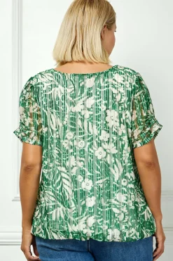 Ruched Sleeve Cutout Neck Bubble Blouse in Olive/Tan/Cream - Plus