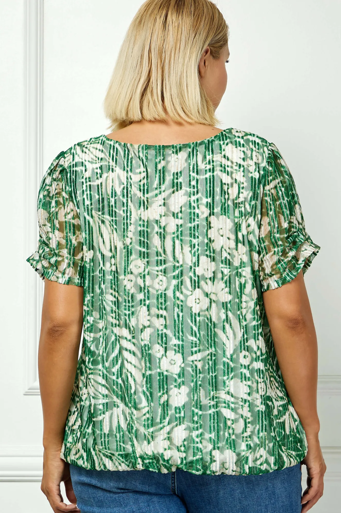 Ruched Sleeve Cutout Neck Bubble Blouse in Olive/Tan/Cream - Plus