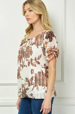 Ruched Sleeve Cutout Neck Bubble Blouse in Ivory/Brown/Tan