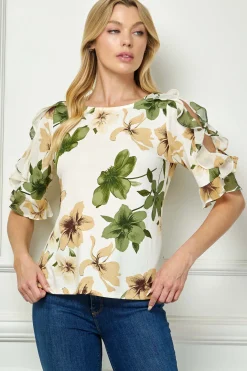 Ruffle Cold Shoulder Boat Neck Blouse in Cream/Green/Brown
