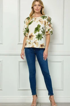 Ruffle Cold Shoulder Boat Neck Blouse in Cream/Green/Brown