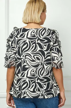 Ruffle Cold Shoulder Boat Neck Blouse in Cream/Black - Plus