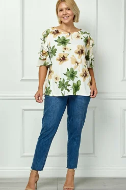 Ruffle Cold Shoulder Boat Neck Blouse in Cream/Green/Brown - Plus