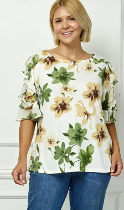 Ruffle Cold Shoulder Boat Neck Blouse in Cream/Green/Brown - Plus