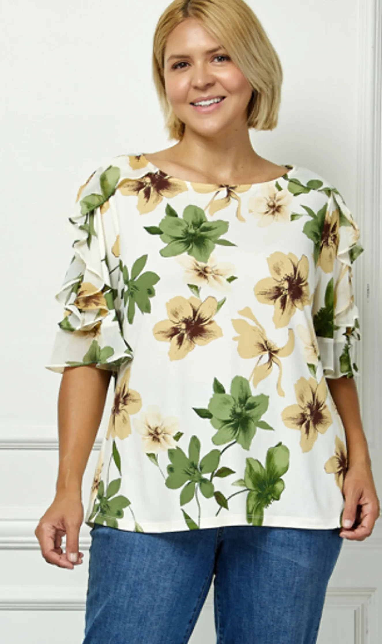 Ruffle Cold Shoulder Boat Neck Blouse in Cream/Green/Brown - Plus