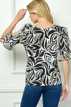 Ruffle Cold Shoulder Boat Neck Blouse in Cream/Black