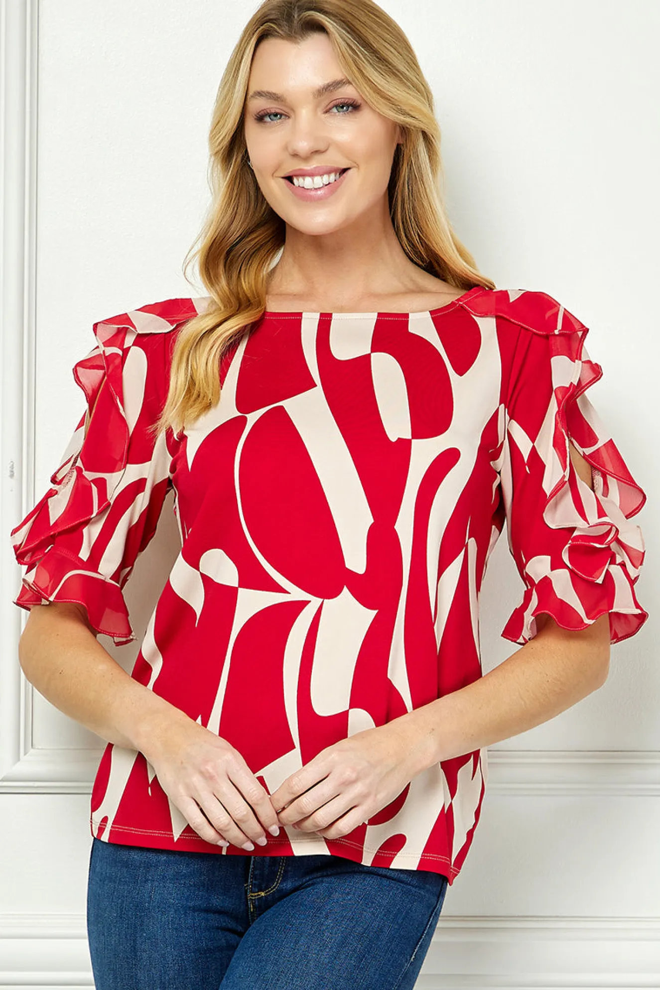 Ruffle Cold Shoulder Boat Neck Blouse in Red/Tan