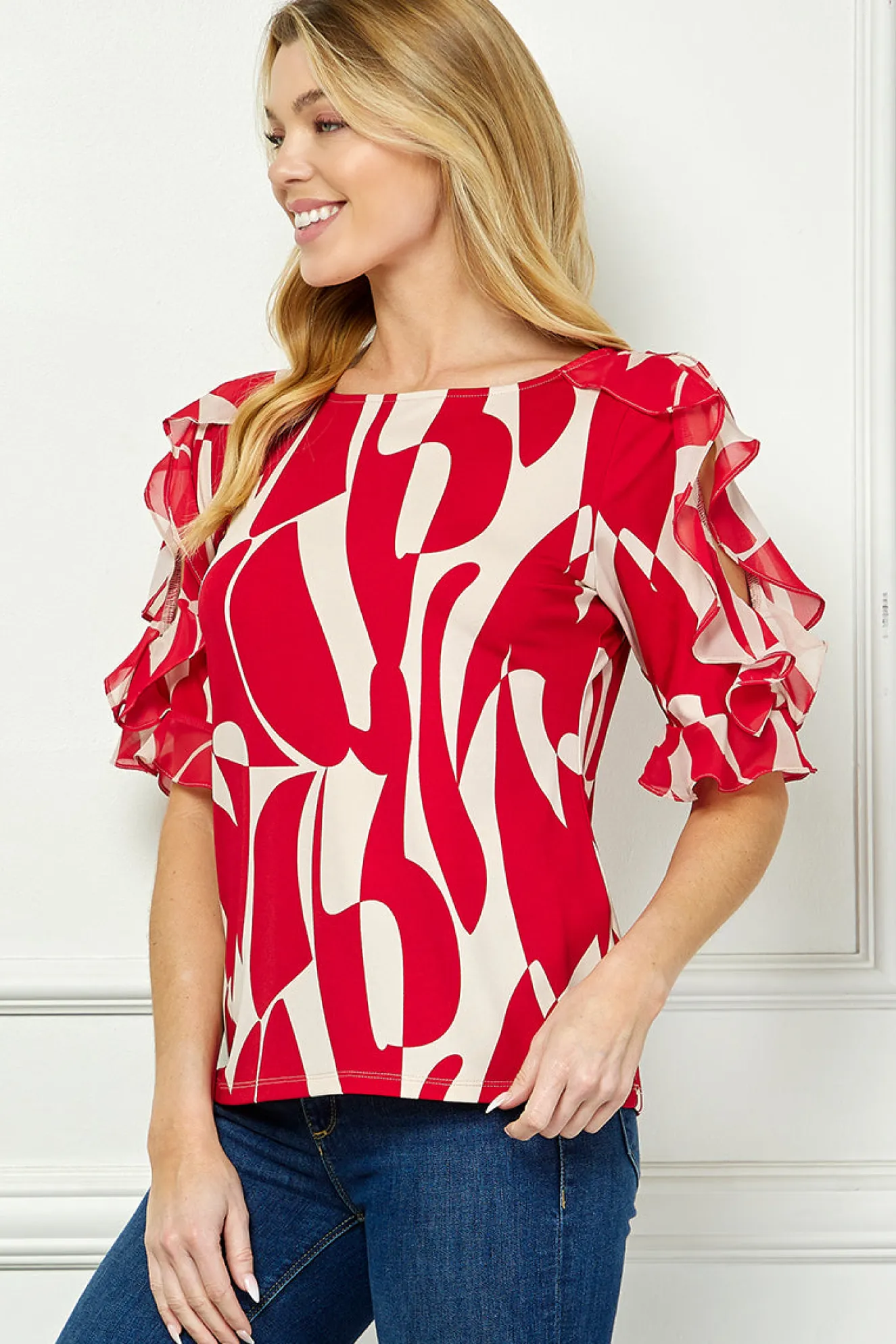 Ruffle Cold Shoulder Boat Neck Blouse in Red/Tan