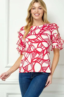 Ruffle Cold Shoulder Boat Neck Blouse in Cream/Red