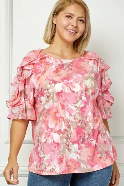 Ruffle Cold Shoulder Scoop Neck Blouse - Plus - Pink