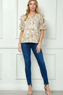 Ruffle Cold Shoulder Scoop Neck Blouse - Beige