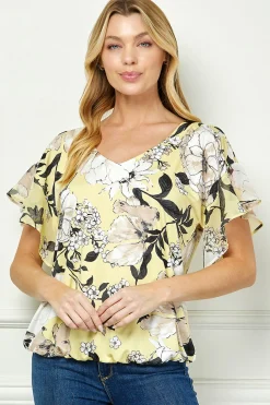 Ruffle Cold Shoulder V-Neck Blouse - Yellow