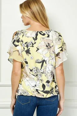 Ruffle Cold Shoulder V-Neck Blouse - Yellow
