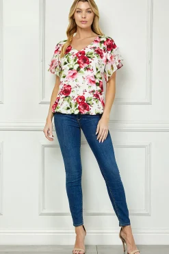 Ruffle Cold Shoulder V-Neck Blouse - Ivory/Red
