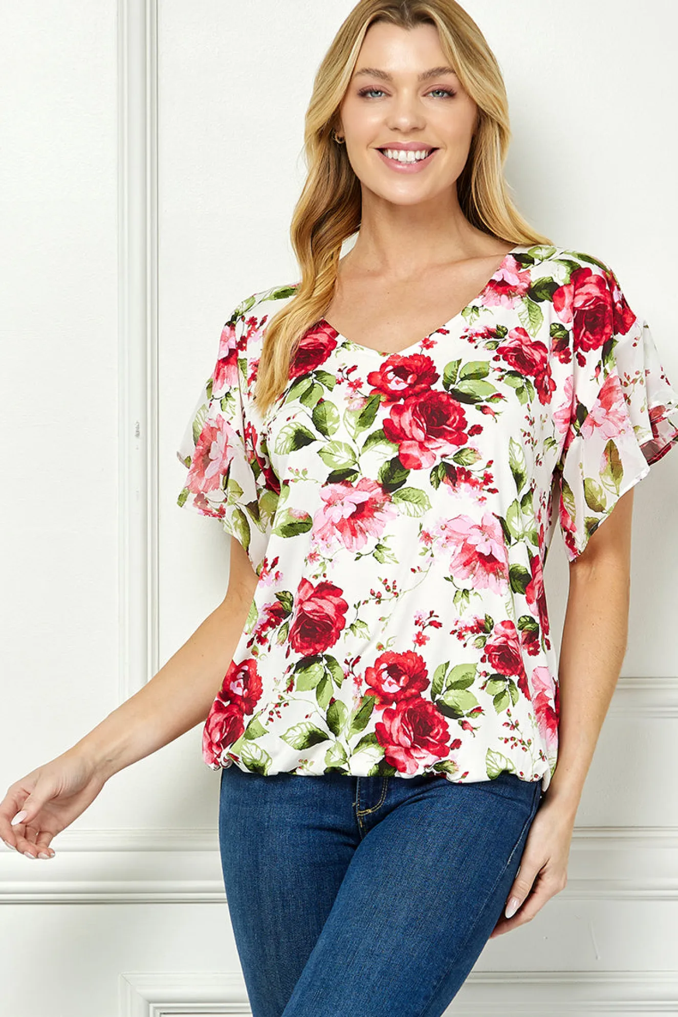 Ruffle Cold Shoulder V-Neck Blouse - Ivory/Red
