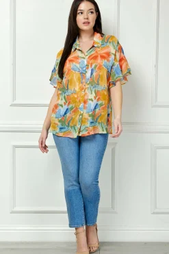 Ruffle Sleeve Button-Front Blouse in Sage/Coral/Yellow - Plus