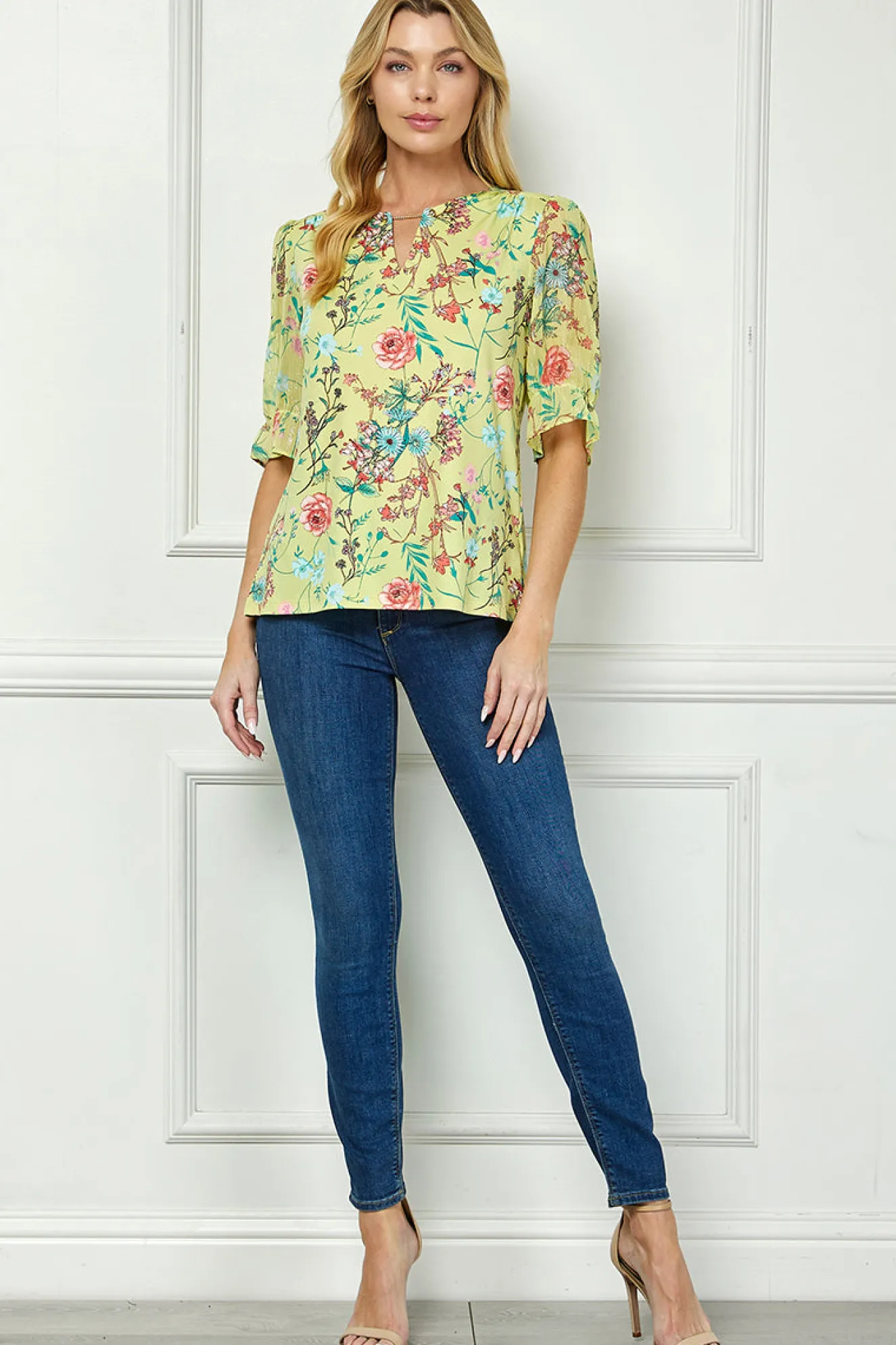 Ruffle Sleeve Chain Trim Cutout Neck Blouse in Yellow