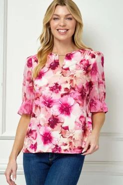 Ruffle Sleeve Chain Trim Cutout Neck Blouse in Pink