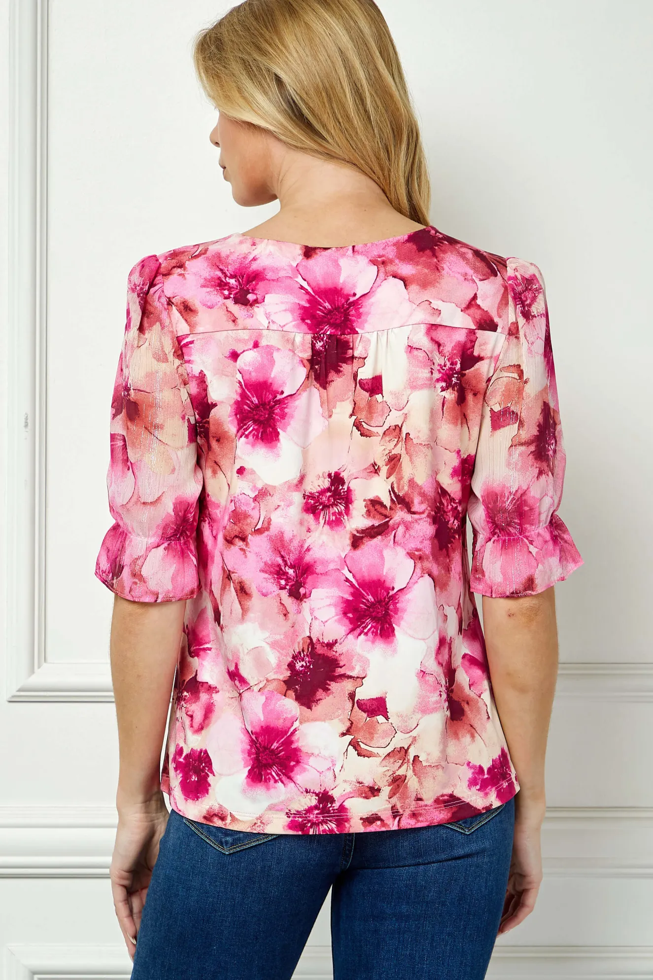 Ruffle Sleeve Chain Trim Cutout Neck Blouse in Pink