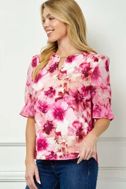 Ruffle Sleeve Chain Trim Cutout Neck Blouse in Pink