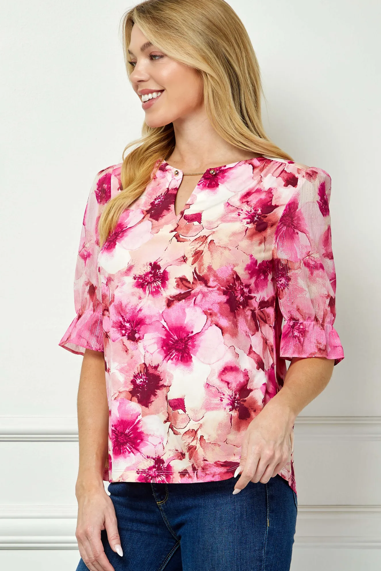 Ruffle Sleeve Chain Trim Cutout Neck Blouse in Pink