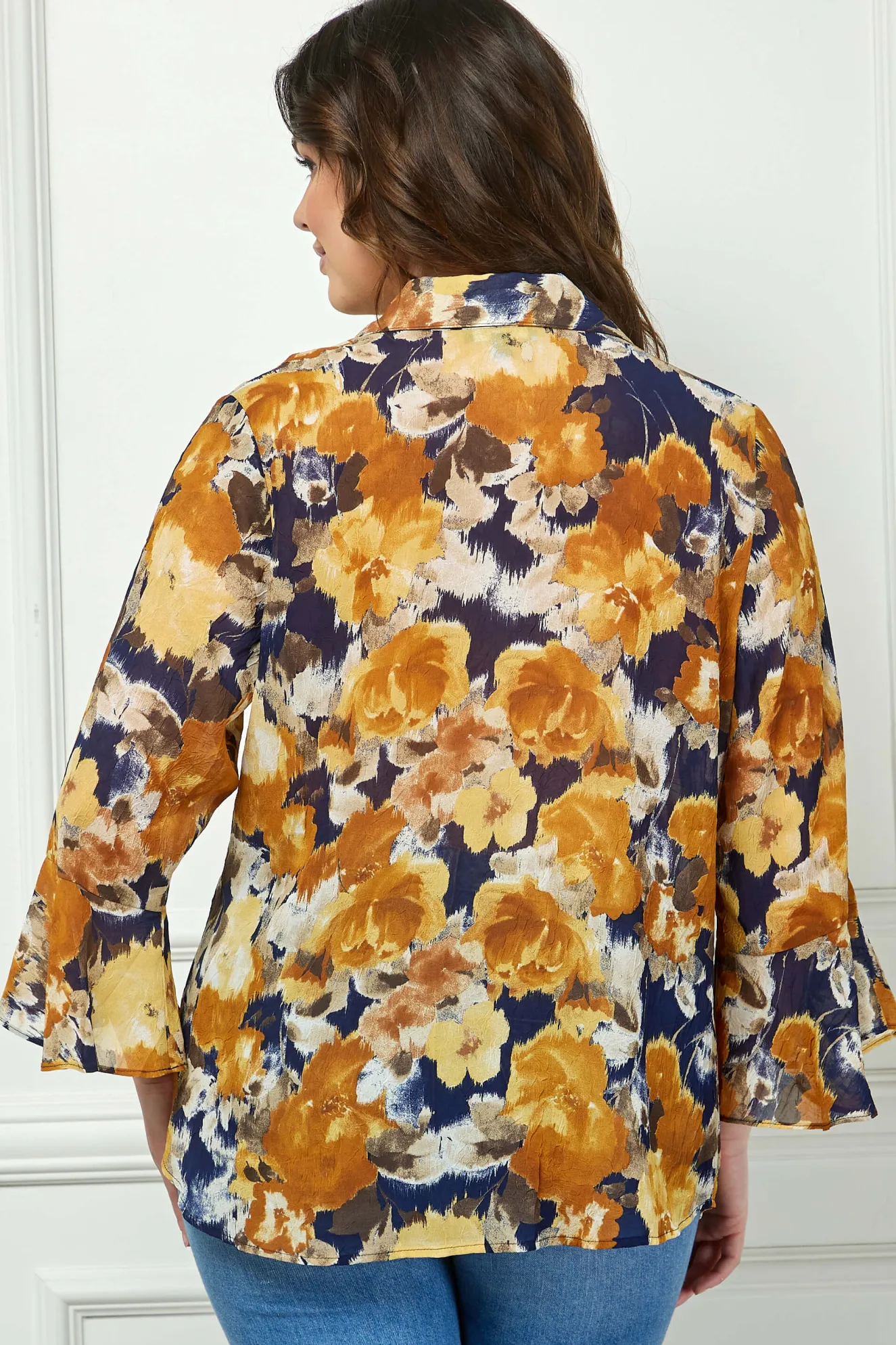 3/4 Ruffle Sleeve Swing Blouse in Navy/Gold - Plus