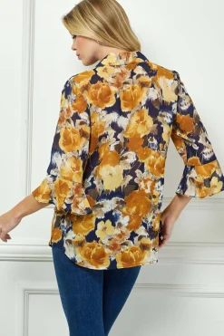 3/4 Ruffle Sleeve Swing Blouse in Navy/Gold