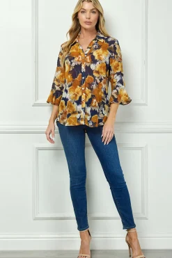 3/4 Ruffle Sleeve Swing Blouse in Navy/Gold