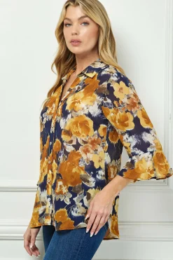 3/4 Ruffle Sleeve Swing Blouse in Navy/Gold