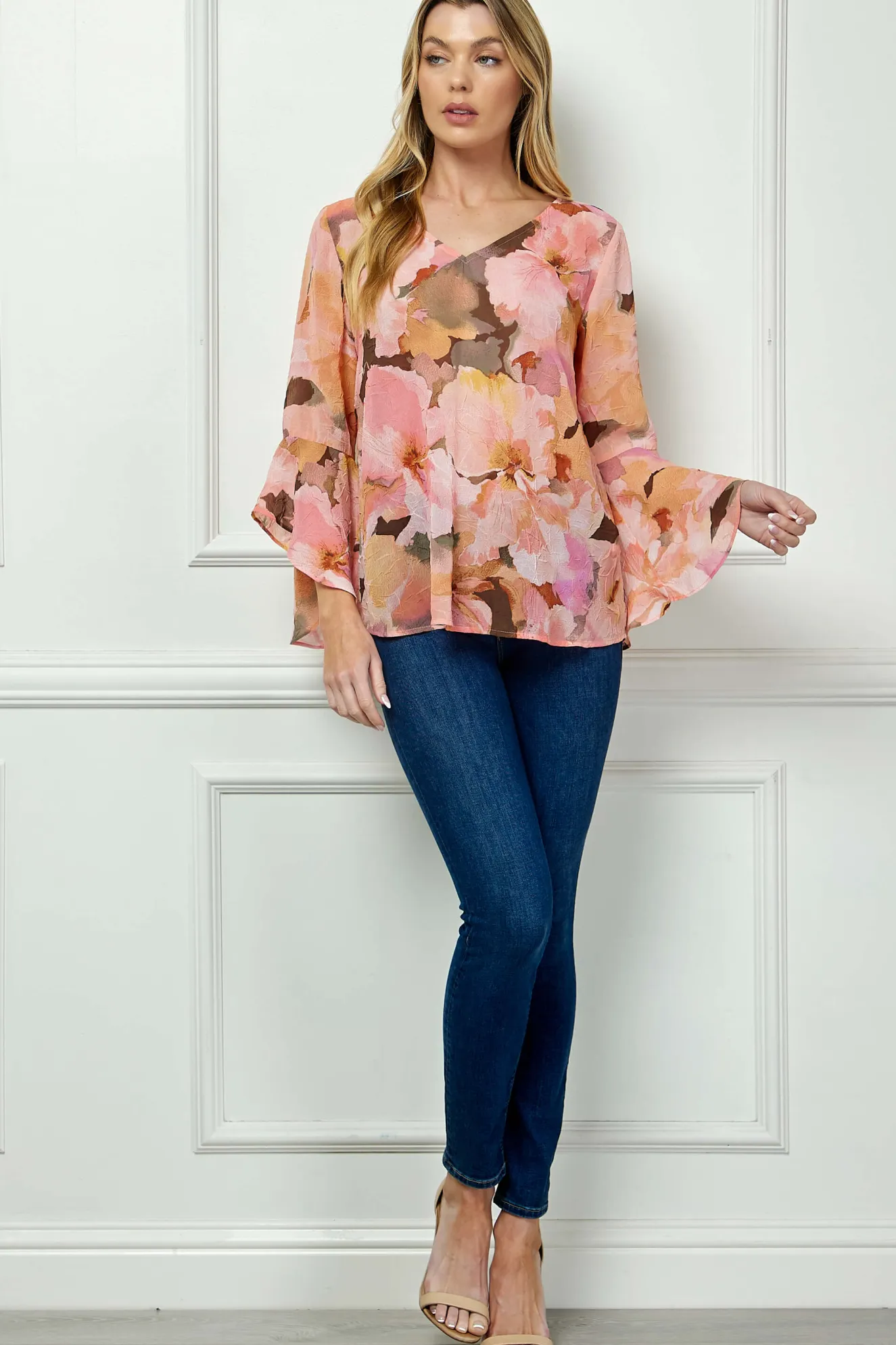 3/4 Ruffle Sleeve V-Neck Swing Blouse in Yellow/Peach/Brown